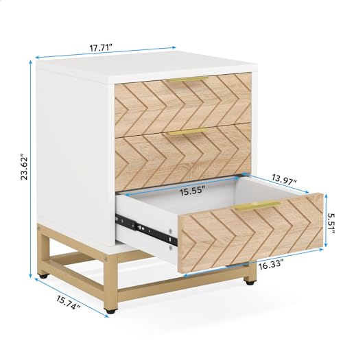 Tribesigns 3 Drawers Nightstand Set of 2, Modern Bedside Table with Unique Chevron Design, White End Side Table Night Stands with Gold Metal Legs for Bedroom (White & Wood Color)