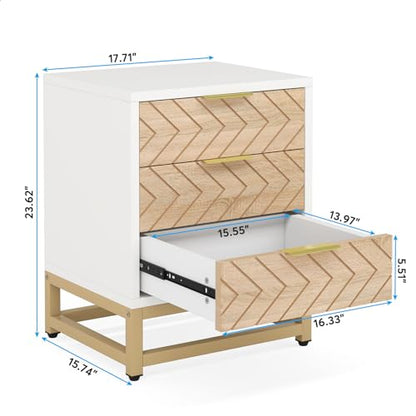 Tribesigns 3 Drawers Nightstand Set of 2, Modern Bedside Table with Unique Chevron Design, White End Side Table Night Stands with Gold Metal Legs for Bedroom (White & Wood Color)