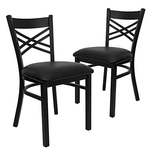 Hercules Series "X" Back Metal Restaurant Chairs, Modern Upholstered Armless Dining Chairs for Restaurants/Kitchens, Set of 2, Black