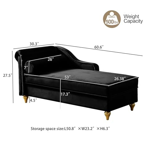 60" Black Velvet Chaise Lounge Indoor with Storage & Gold Metal Legs, view 3