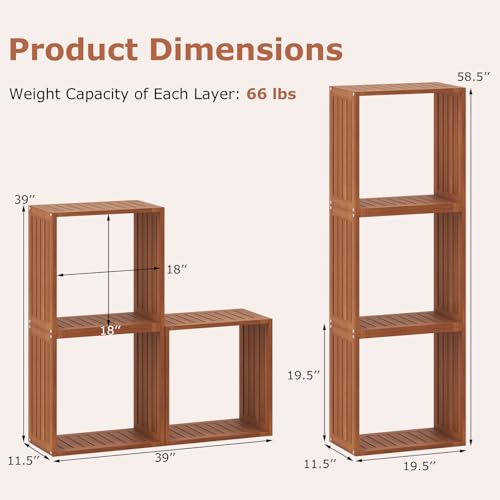 6 Cube Bookcases, Solid Wood Stacking Storage Organizers w/Open Slatted Design, Multifunctional DIY 6-Cube Shelving for Indoor Outdoor Use, Living Room, Bedroom, Balcony, Yard
