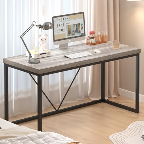 Modern Home Office Desk, Industrial Vintage Computer Desk, Rustic Wood and Metal Study Writing Table, Simple Work Gaming PC Desks for Bedroom Living Room, Light Grey 53 Inch