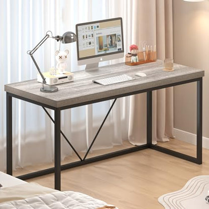 Modern Home Office Desk, Industrial Vintage Computer Desk, Rustic Wood and Metal Study Writing Table, Simple Work Gaming PC Desks for Bedroom Living Room, Light Grey 53 Inch
