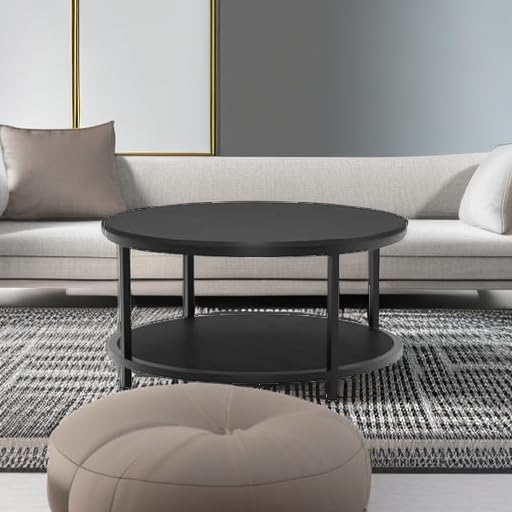 Round Coffee Table Black 35.8" Circle Coffee Tables for Living Room Rustic Industrial Design with Sturdy Metal Frame Legs and Open Storage Shelf, Easy Assembly