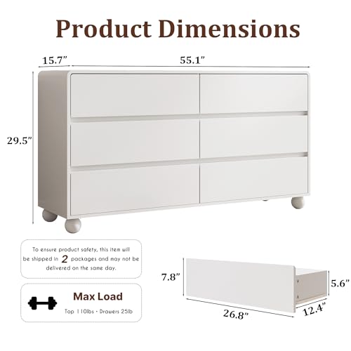Mid-Century 3-Piece Dresser Bedroom Set, 6 Drawer Dresser & 2 Drawer Nightstands with Curved Profile Design & Handle Free, Wood Chest of Drawers for Bedroom, Living Room, Hallway, White