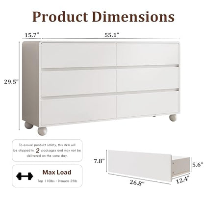 Mid-Century 3-Piece Dresser Bedroom Set, 6 Drawer Dresser & 2 Drawer Nightstands with Curved Profile Design & Handle Free, Wood Chest of Drawers for Bedroom, Living Room, Hallway, White