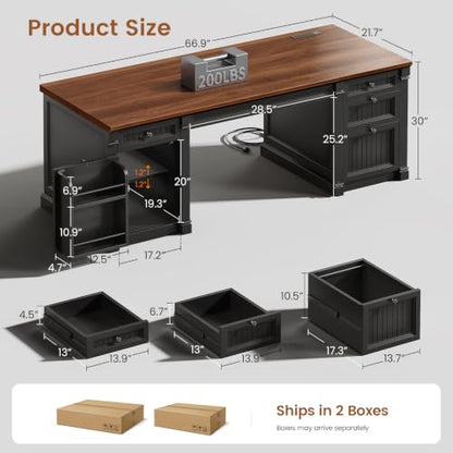 67" Office Executive Desk with 4 Drawers, Storage Cabinet & Outlet, view 3