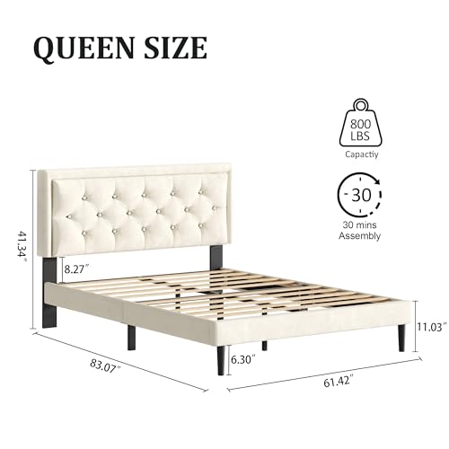 Queen Size Platform Bed Frame with Upholstered Velvet Button Tufted Headboard, view 3