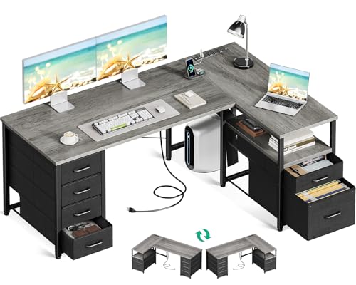 55 Inch L Shaped Office Desk with 6 Drawers, Power Outlet, Grey, view 2
