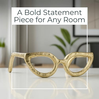 Cateye Glasses Decorative Object – Aluminum Sculpture Modern Home Decor Ornament – Shelf Styling & Coffee Table Decor for Bathroom, Office & Living Room – 7"x3", Gold