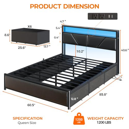 Queen Bed Frame with Storage Headboard, 6 Drawers, LED & Charging, view 3