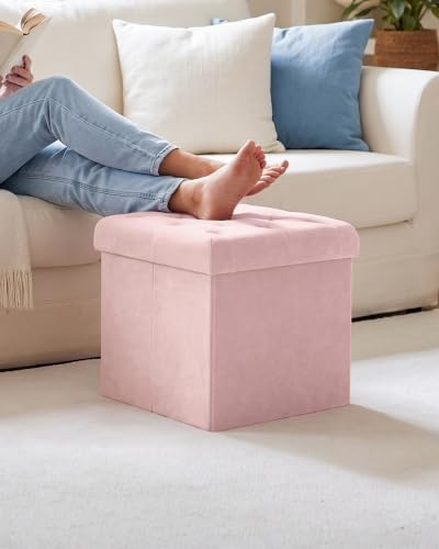 Storage Ottoman Cube, Velvet Tufted Folding Ottomans, Pink, view 3