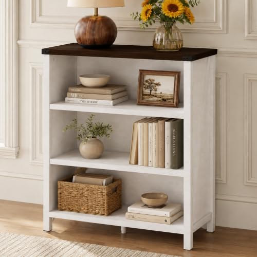 Farmhouse 3 Tier Bookshelf, Wood Bookcase, White Oak & Walnut, view 2