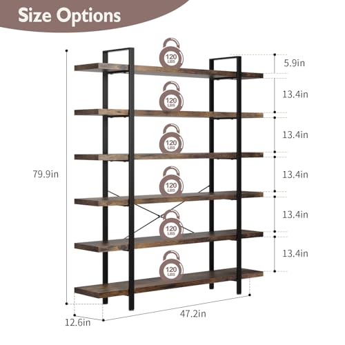 6 Tier Book Shelf, 47'' Wide Wood Industrial Bookshelf, 120lbs Shelf Capacity, Open Storage Shelves, 80'' Tall Heavy Duty Display Shelving, Rustic Brown Bookcase for Bedroom,Living Room,Office