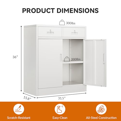 Metal Garage Storage Cabinet with Two Lockable Drawers 2 Locking Doors and an Adjustable Shelf, 36" White Metal Short Storage Cabinet for Home Office, Garage,School,Utility Room