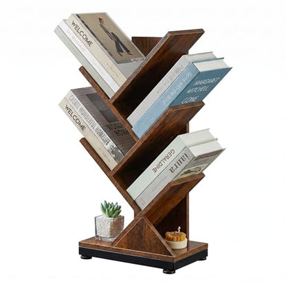 5 Tier Tree Bookshelf, Small Bookcase 11.8"*7.4"*24" (Rustic Brown) | Retro Narrow Bookshelves for CDs/Magazines, Book Shelf for Bedroom, Living Room, Office, Balcony, Study Room