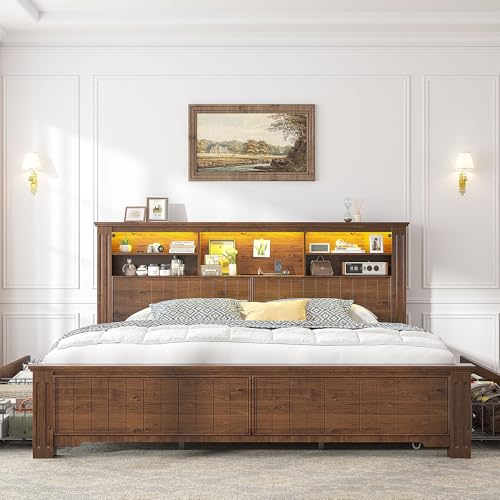King Size Bed Frame and Headboard & Storage,4 Drawers,Brown, view 4