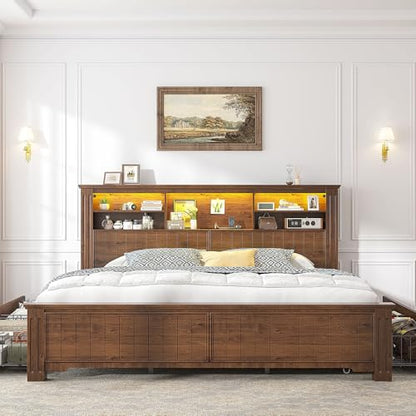 King Size Bed Frame and Headboard & Storage,4 Drawers,Brown, view 4