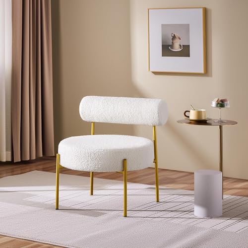 Yaheetech Boucle Accent Chair, Modern Tufted Vanity Chair, Cozy Sherpa Barrel Chair with Gold Legs, Club Chair for Living Room Bedroom Vanity Room Home Office, White