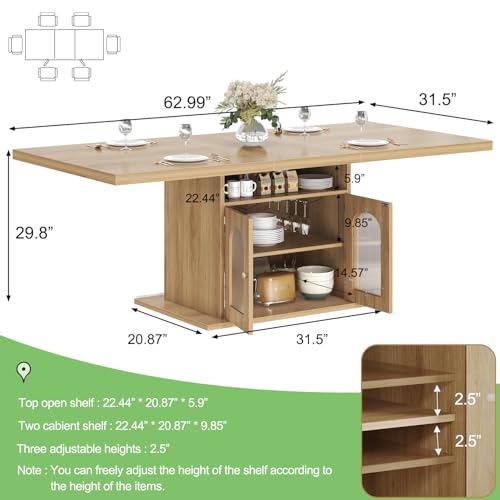 Dining Table for 4–6, 63 Inch Wood Farmhouse Kitchen Table with 3-Tier Storage Shelf and Acrylic Door Cabinet, Rectangular Modern Dining Room Dinner Table for Apartment Home Small Space, Light Oak
