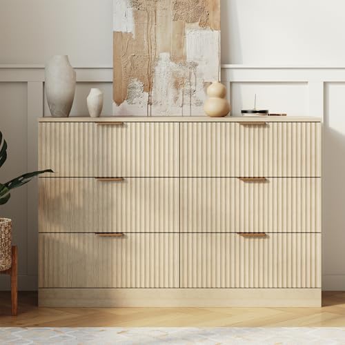 Modern Fluted 6 Drawer Dresser, Wide Wooden Storage Cabinet with Metal Handles, view 4