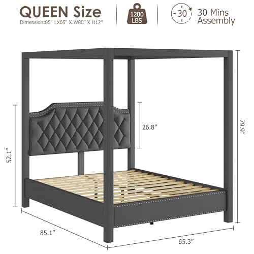 Upholstered Canopy Bed Queen Size with Button Tufted headboard, view 3