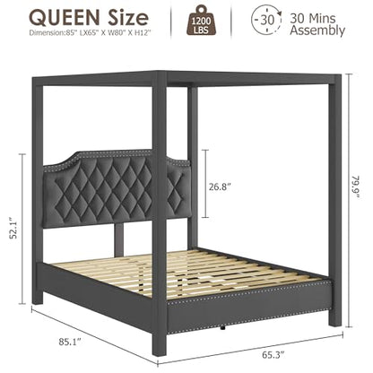 Upholstered Queen Size Bed Frame with Canopy Poles and Headboard, view 3