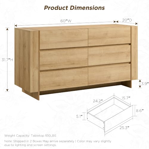 60" Modern 6 Drawer Dresser for Bedroom, 20" Depth for More Storage, view 3