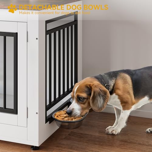 28 Inch Dog Crate Furniture with Adjustable Feet & Removable Bowls, view 6