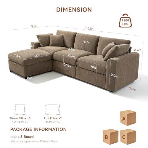 Cloud Sectional Couches for Living Room, 110" Large Modular Sectional Sofa with Wide Deep Seat, L Shaped Couch with Throw Pillow and Storage Ottoman, Brown
