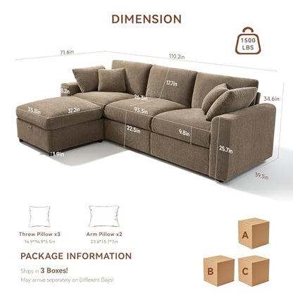 Cloud Sectional Couches for Living Room, 110" Large Modular Sectional Sofa with Wide Deep Seat, L Shaped Couch with Throw Pillow and Storage Ottoman, Brown