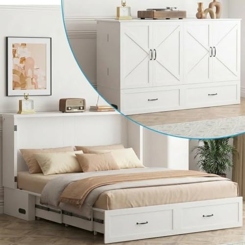 63" W Queen Murphy Bed, Cabinet Beds Queen Size with Built-in Charging Station and Drawer, Modern Cabinet Murphy Chest Bed, Hidden Guest Wall Beds, Space Saving - White (No Mattress)
