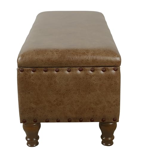 Home Decor | Upholstered Bench with Nailhead Trim | Large Faux Leather Ottoman with Storage for Living Room & Bedroom | Decorative Home Furniture, Brown Faux Leather