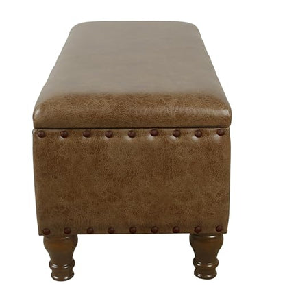 Home Decor | Upholstered Bench with Nailhead Trim | Large Faux Leather Ottoman with Storage for Living Room & Bedroom | Decorative Home Furniture, Brown Faux Leather