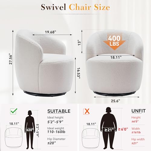 Swivel Barrel Chair, 360° Small Single Sofa Armchair Comfy Round Sofa Chair, Boucle Chairs Padded Armchair, Modern Round Accent Arm Chairs for Living Room Bedroom, Teddy Ivory