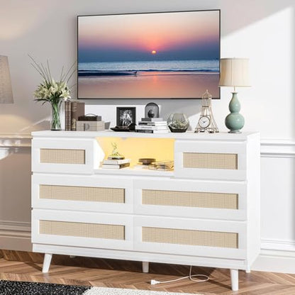 Modern Rattan 6 Drawer Dresser with LED Light & Charging Station – Deep Storage Chest for Bedroom, Closet, Nursery, Living Room, Entryway, TV Stand – White