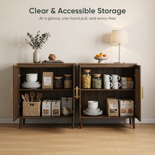 Sideboard Cabinet, 31.5" W Farmhouse Buffet Cabinet with Slatted Doors & Adjustable Shelf, Wood Coffee Bar Storage Station for Kitchen, Dining Room, Living Room, Entryway, Walnut Color