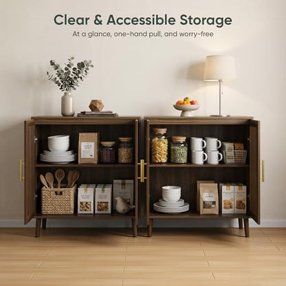 Sideboard Cabinet, 31.5" W Farmhouse Buffet Cabinet with Slatted Doors & Adjustable Shelf, Wood Coffee Bar Storage Station for Kitchen, Dining Room, Living Room, Entryway, Walnut Color