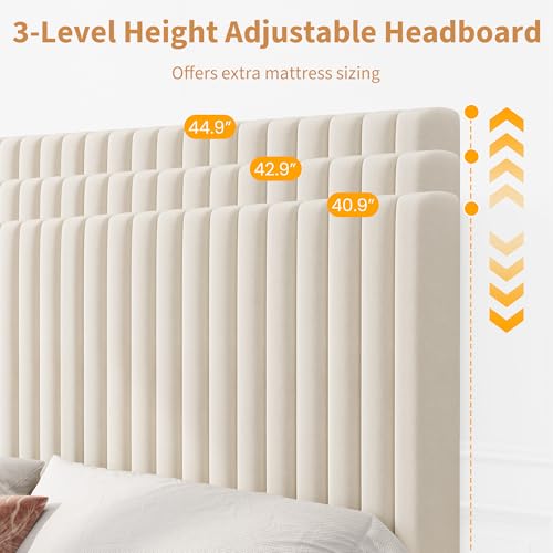 Queen Bed Frame with Adjustable Headboard, Velvet Upholstered Platform Bed, view 5