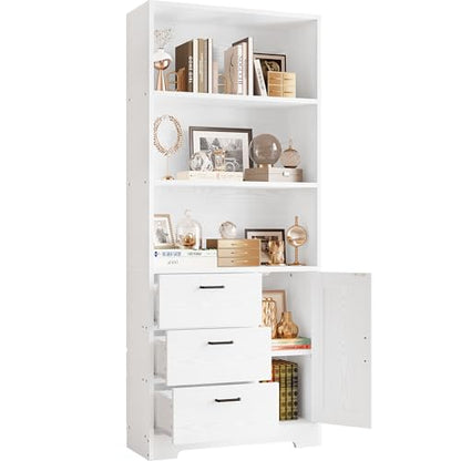 Bookshelf with Doors and 3 Drawers 71 in Tall Bookcase with 3-Tier Shelves, Industrial Book Shelf with Storage for Living Room Entrance Hallway Home Office, White