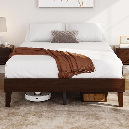 Queen Size Solid Wood Platform Bed Frame Low-Profile Dark Walnut, view 4