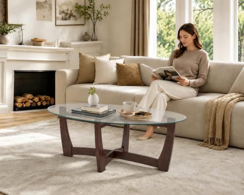 48" Oval Glass Coffee Table with Tempered Glass Top Cross and Solid Wood Base Simple & Modern Center Table for Living Room Office Apartment Cherry