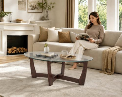 48" Oval Glass Coffee Table with Tempered Glass Top Cross and Solid Wood Base Simple & Modern Center Table for Living Room Office Apartment Cherry
