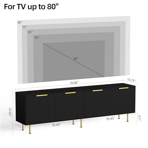 TV Stand for 80 Inch TV, Fluted TV Stand for Living Room, Mid Century Modern TV Stand with Adjustable Shelf, TV Entertainment Center with Storage for Bedroom, 70Inch, Black