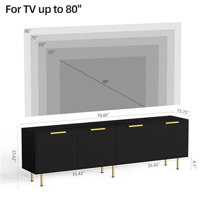 TV Stand for 80 Inch TV, Fluted TV Stand for Living Room, Mid Century Modern TV Stand with Adjustable Shelf, TV Entertainment Center with Storage for Bedroom, 70Inch, Black