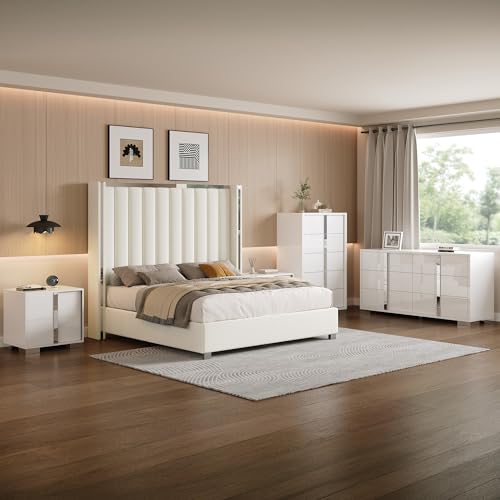 3-Piece Modern Bedroom Set Queen – Cream Upholstered Bed Frame with 58" Wingback Headboard and 2 White Nightstands