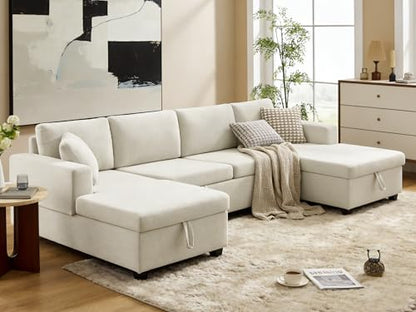U Shaped Sectional Sleeper Sofa with Pull Out Bed, 113" Modular Sectional Sofa with Storage Chenille Couches for Living Room, Apartment, Office, Beige