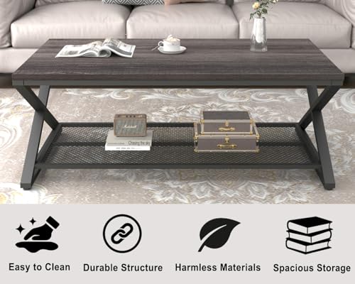 Wood Coffee Table, Center Table with Storage, Dark Gray Oak, 47 Inch | Farmhouse Metal Wood Living Room Table, Industrial 2 Tier Tea Table, Wooden Rectangle Tea Table with Shelf for Office Bedroom