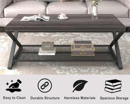 Wood Coffee Table, Center Table with Storage, Dark Gray Oak, 47 Inch | Farmhouse Metal Wood Living Room Table, Industrial 2 Tier Tea Table, Wooden Rectangle Tea Table with Shelf for Office Bedroom