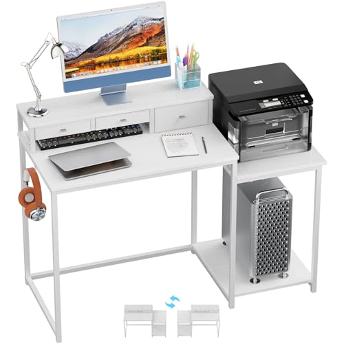 47 inch Computer Desk with Printer Shelf, Gaming Desk with Monitor Stand and Drawers, Reversible Home Office Desk with Storage Shelves and 2 Hooks, Home Workstation for Study Writing, White